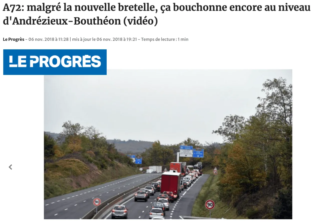 Extrait du journal le Progrès. A72 : Malgré la nouvelle bretelle, ça bouchonne encore au niveau d'Andrézieux-Bouthéon.