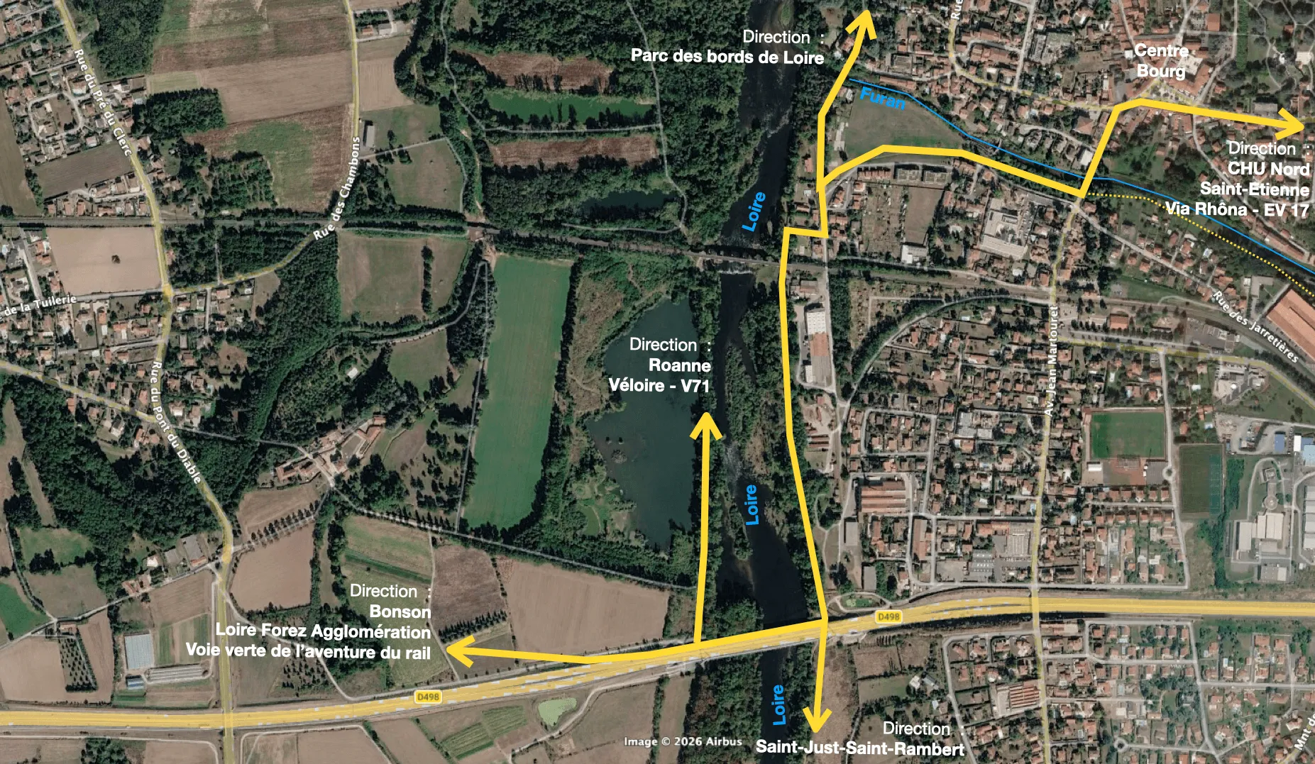 Vue satellite annotée au niveau du Grand Pont sur la Loire/D498 présentant l'interconnexion possible avec Loire-Forez.