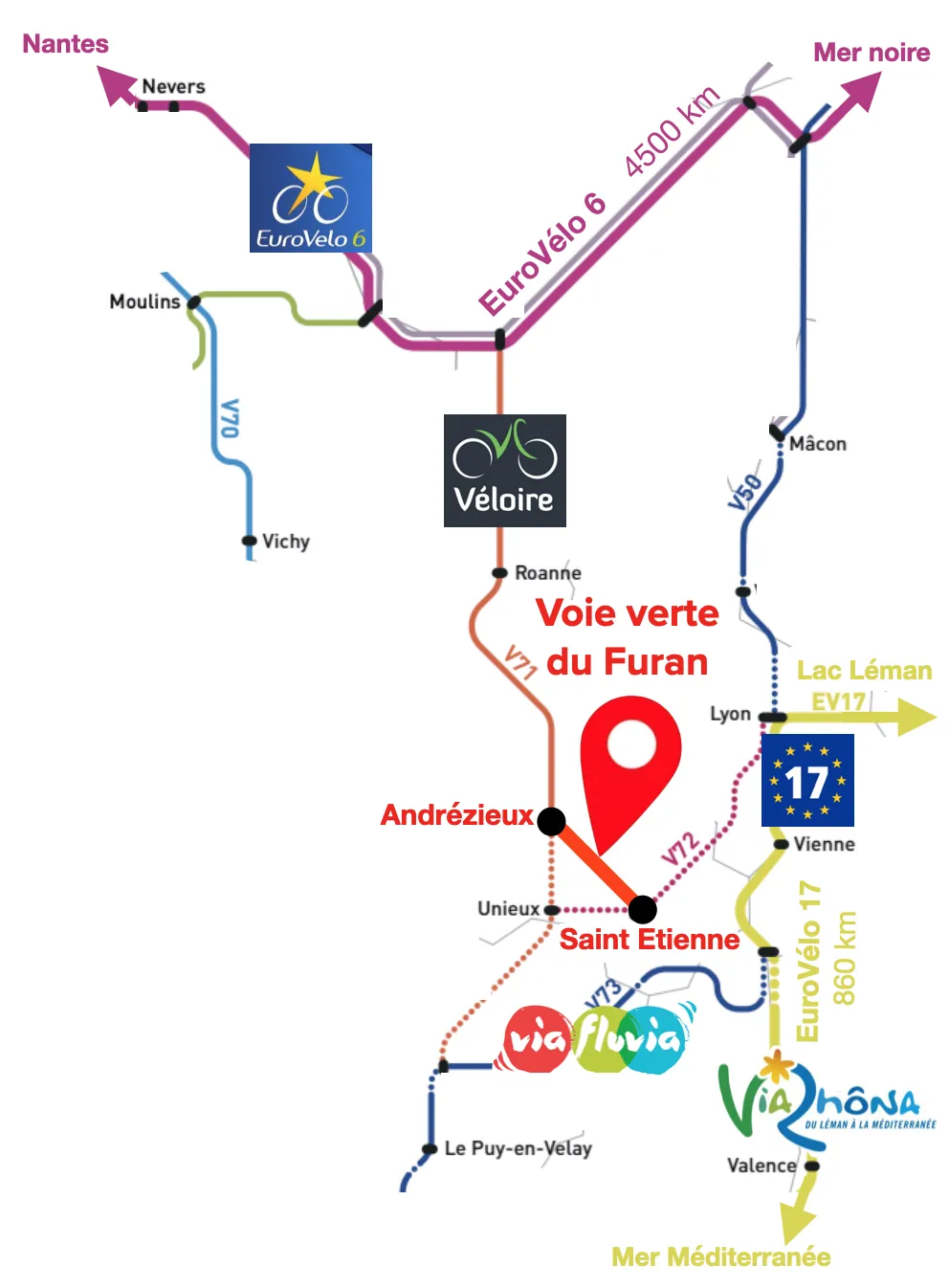 Carte topologique présentant l'axe de la voie verte du furan au sein du réseau de véloroute.