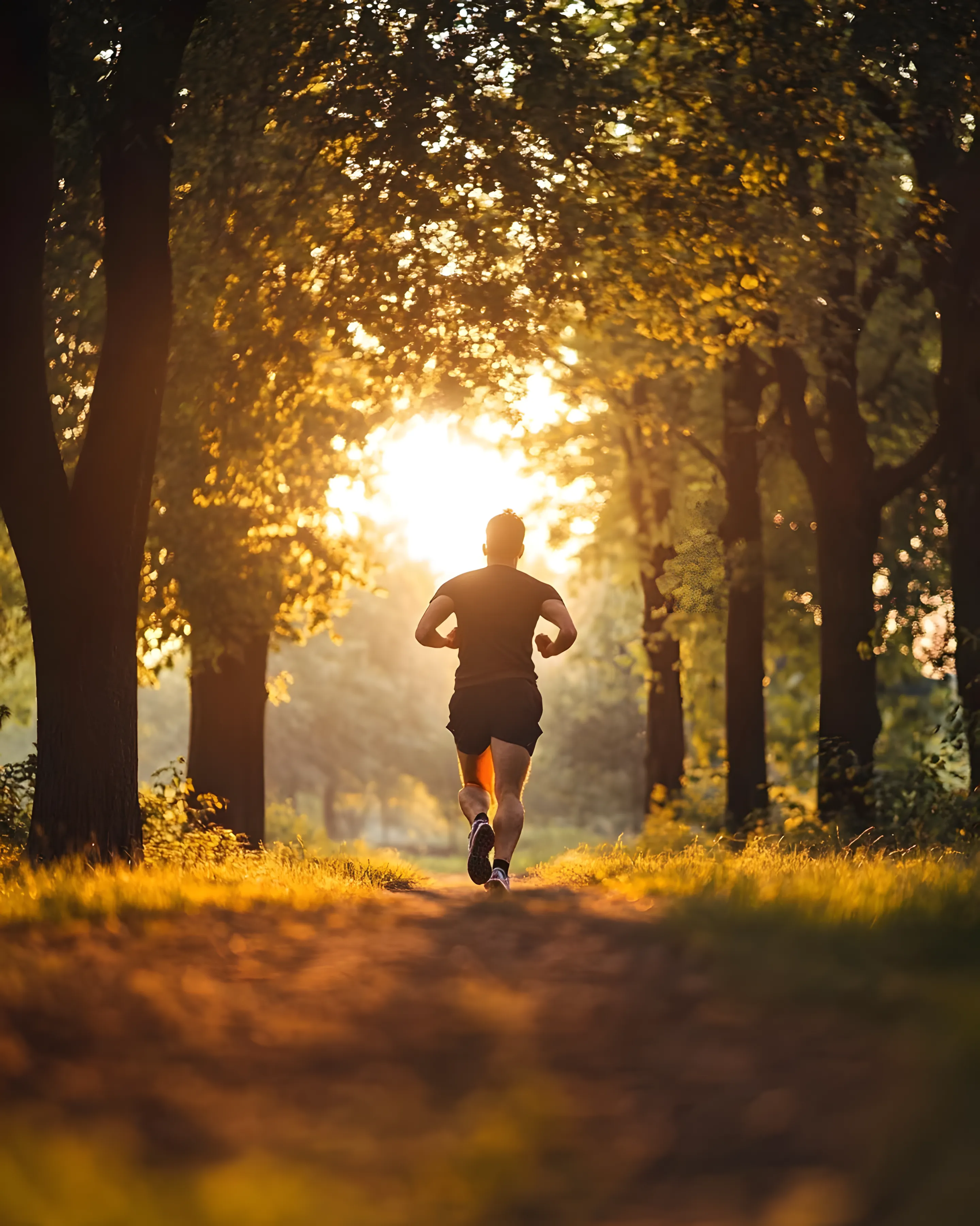 Un homme court en forêt dos au photographe sur fond de coucher de Soleil. Source Pixabay