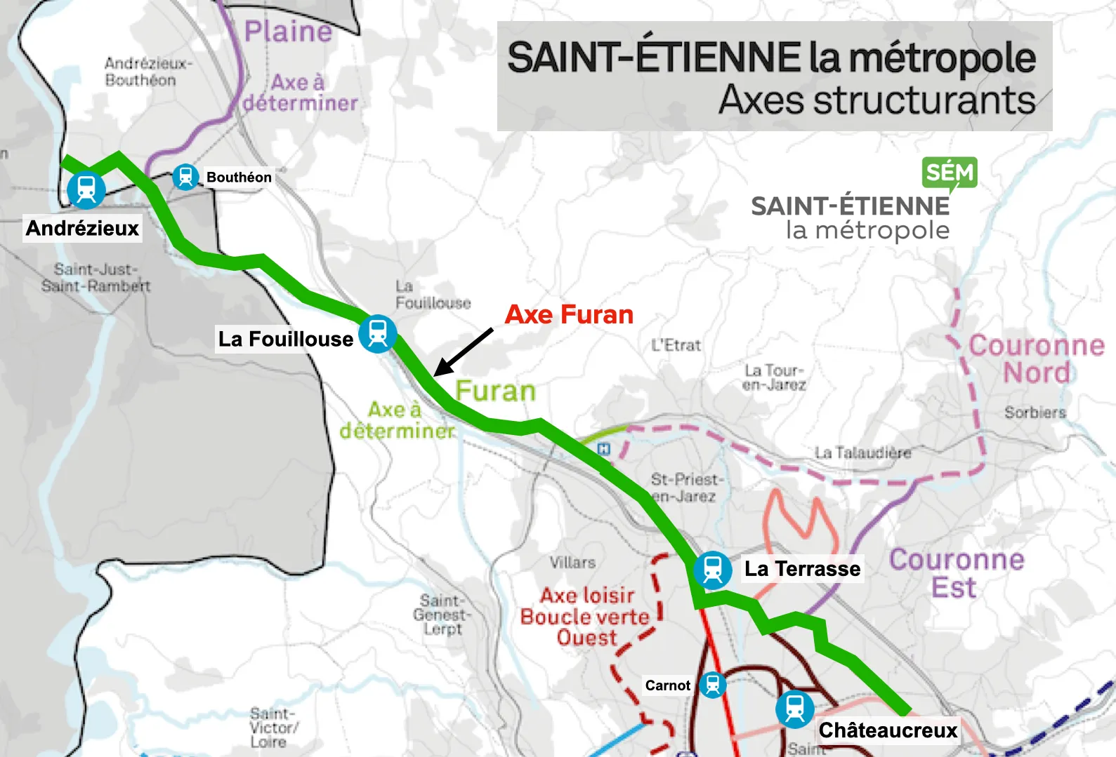 Carte zoomant sur les axes cyclables structurants pour l'axe Furan.