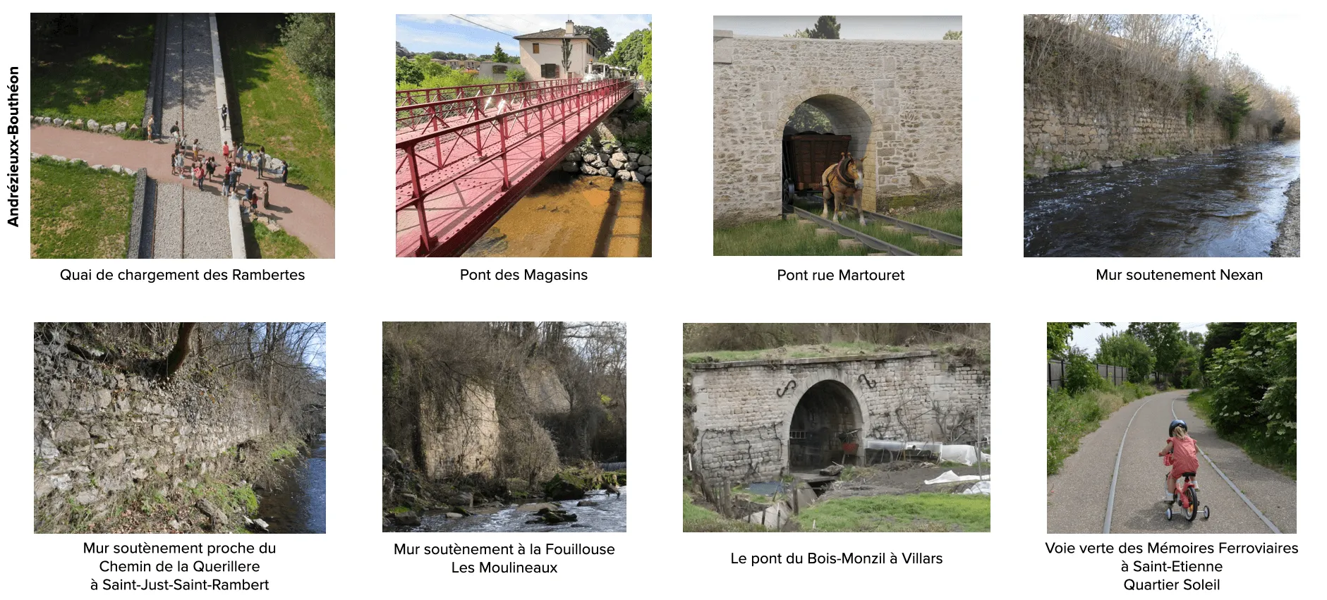 8 images des ouvrages restants, les 4 premiers à Andrézieux : Quai de chargement des rambertes, Pont des magasins, Pont rue Martouret, Mur soutènement Nexan, Mur soutènement proche du chemin de la quérillère à Saint-Just-Saint-Rambert, Mur soutènement à la Fouillouse Les Molineaux, Le pont du Bois-Monzil à Villars et la voie verte des Mémoire Ferroviaires à Saint Étienne dans le quartier du Soleil.