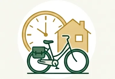 Logo d'un vélo vert. En arrière plan une maison et une horloge.