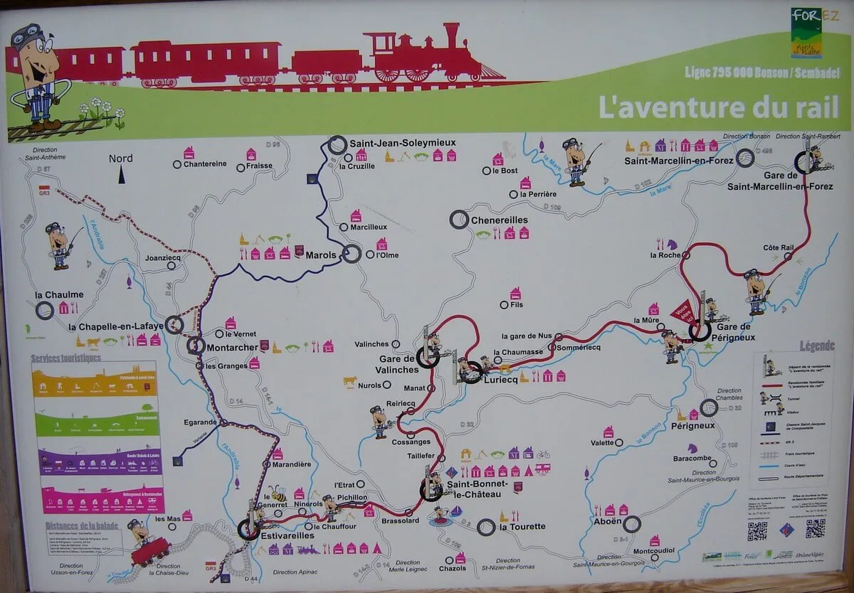Carte touristique de la voie verte L'Aventure du Rail entre Saint Marcellin en Forez et Estivareilles